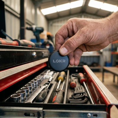 A person's hand LOKR tracking tag over an open toolbox full of hand tools
