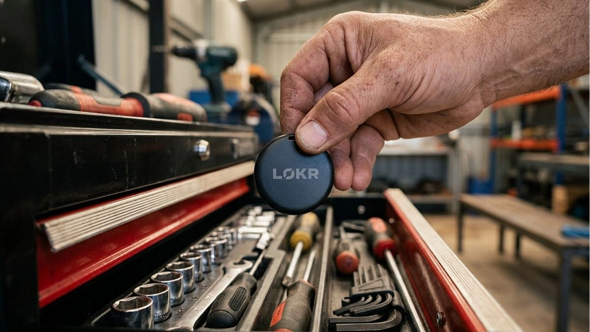 A hand holding a LOKR tracking tag over an open red toolbox filled with tools