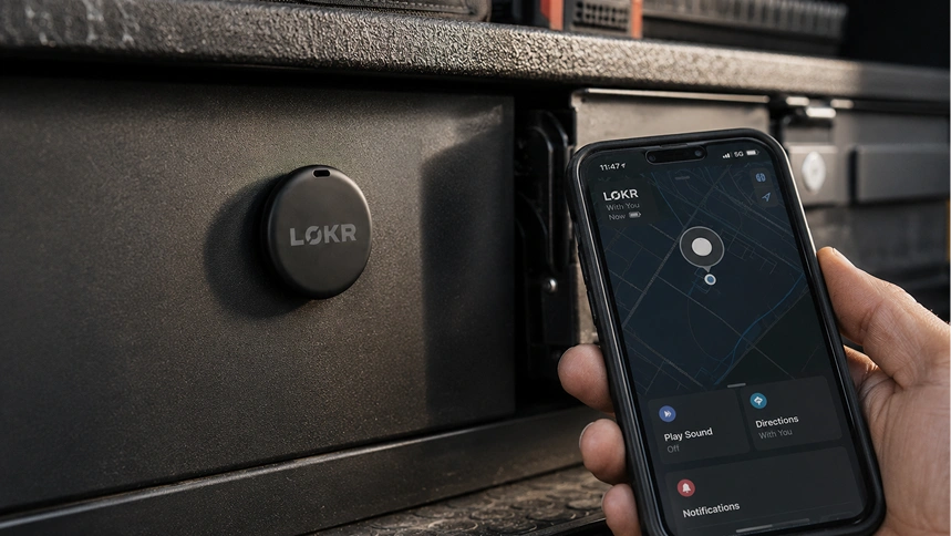 a LOKR tracking tag magnetically attached to a metal storage drawer next to a hand holding a smartphone displaying a tracking map