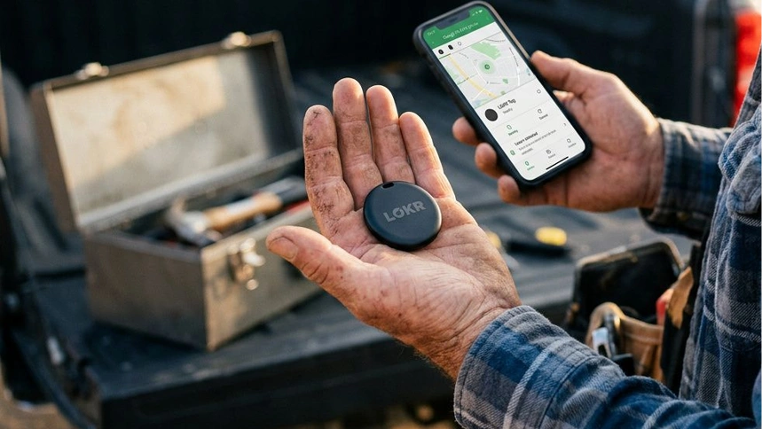 A close-up of a worker's palm holding a LOKR tracking tag, with their other hand holding a smartphone showing a location tracker application