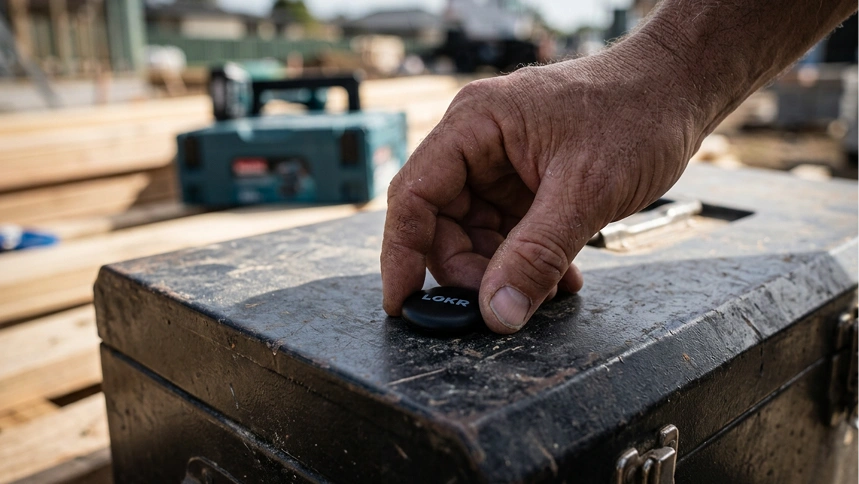 A hand placing a LOKR tracking tag onto the dusty surface of a black metal toolbox