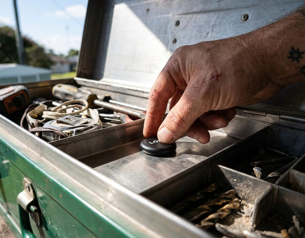 A close-up shot of LOKR tracking tag into a metal tray inside an open green toolbox