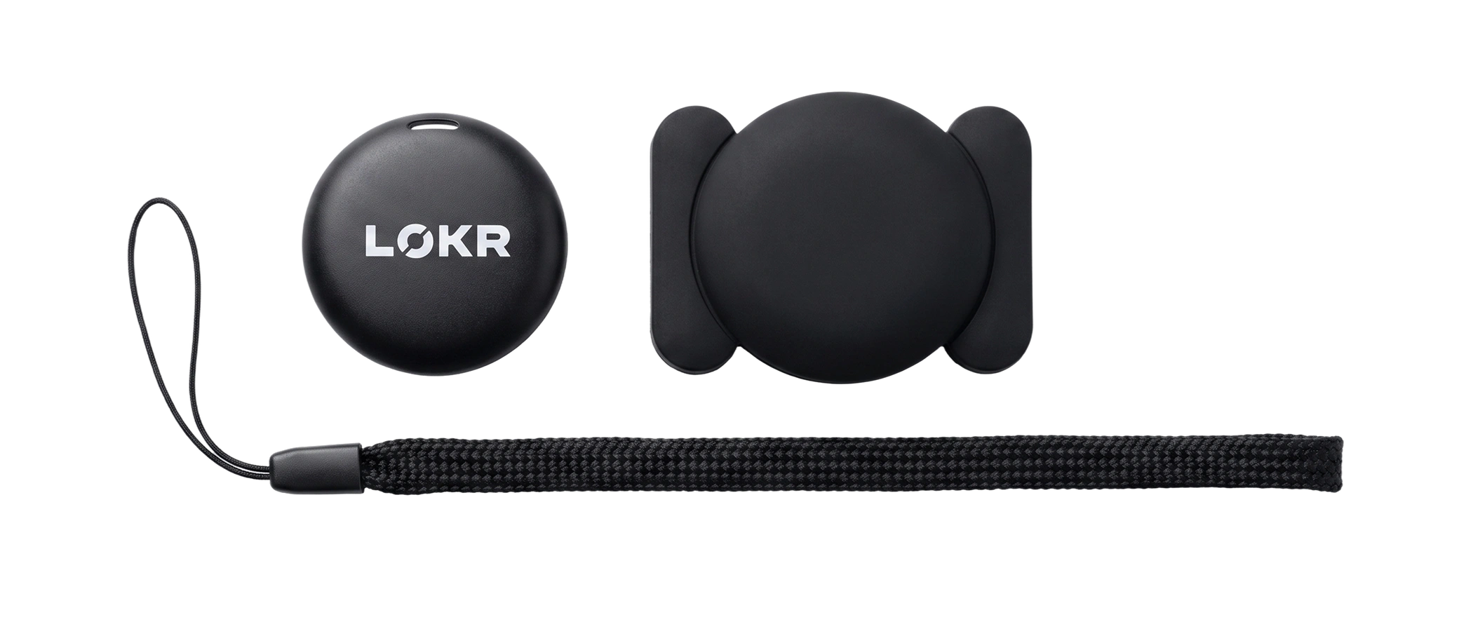 LOKR tag with magnetic case, hanging chain and stick-on mounts