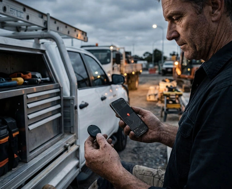 A person at a worksite holds a LOKR tracking tag in one hand and a smartphone showing a map in the other