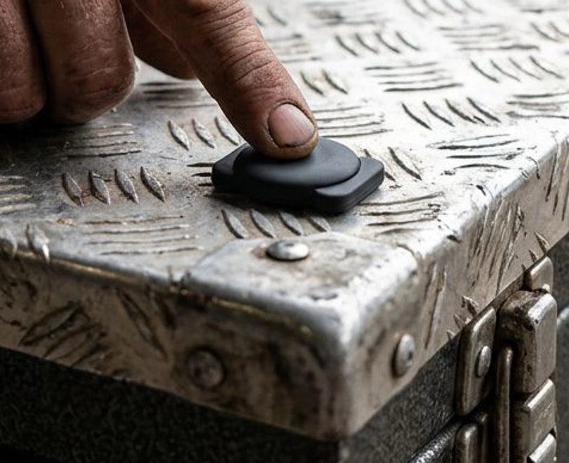 A finger presses down on LOKR tracking tag sitting on a textured metal surface