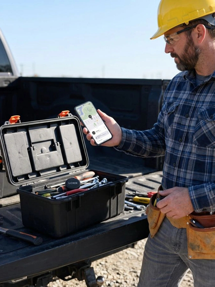 A worker in a hard hat holds a smartphone displaying a map to track a tag sitting inside an open toolbox