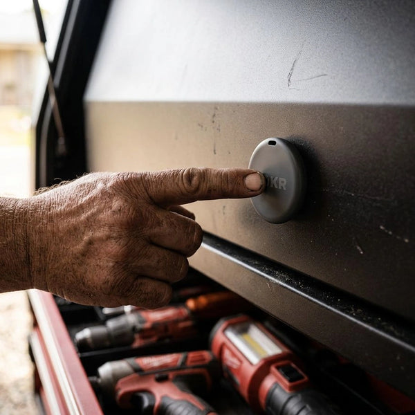 a finger pressing down on a LOKR tracking tag that is mounted to the inside lid of a tool box